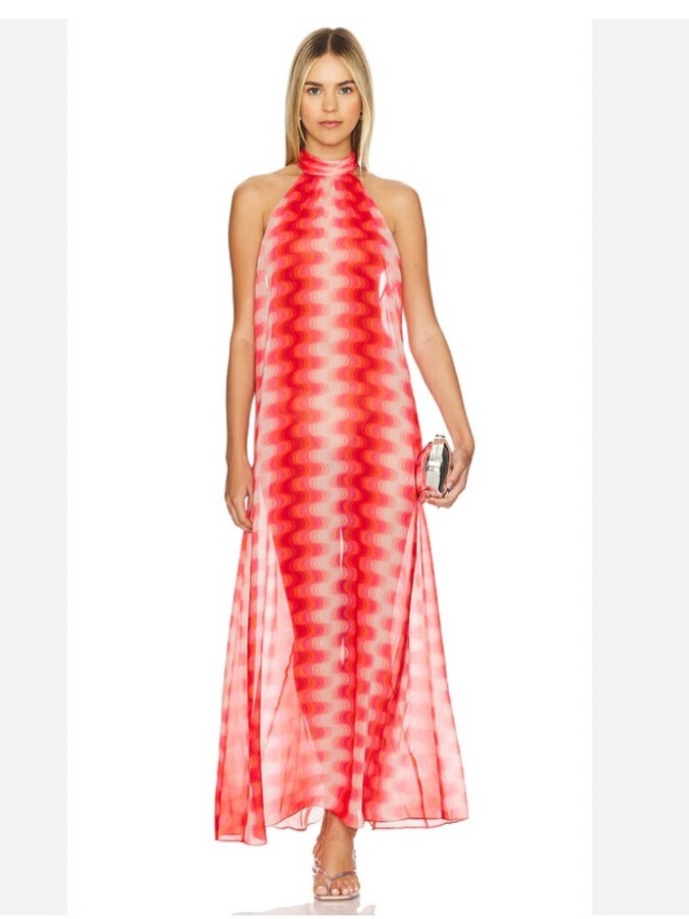 Devon Windsor Abigail Dress Pink Geometric Sheer Halter Chiffon Maxi Size XS - Picture 1 of 3